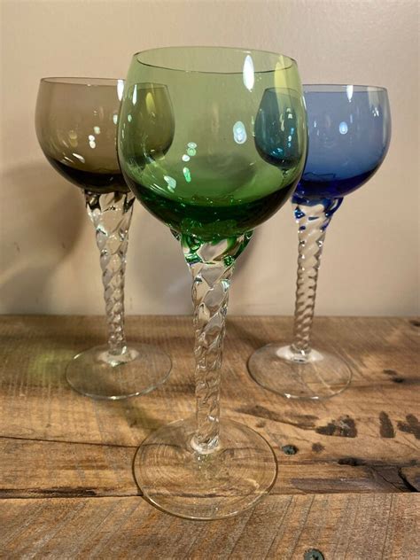 Vintage Twisted Stem Wine Glasses Colored 7 25” Tall Set Of 3 Blue Green Grey Luminarc