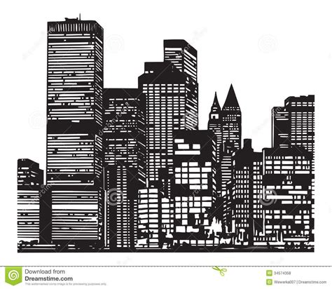 3d City Skyline Drawing Black And White