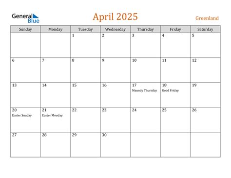 Greenland April 2025 Calendar With Holidays