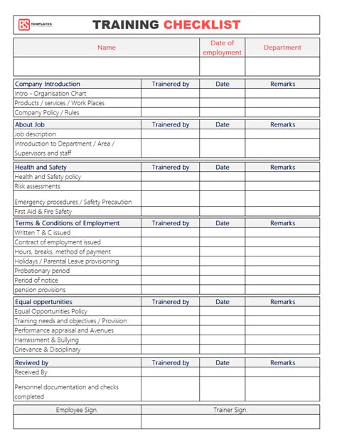 Information defining the types of training and the number of staff to train is obtained from sources such as the proposal, the contract, or the customer. Employee Training Checklist Template for Excel & Word - Printable format