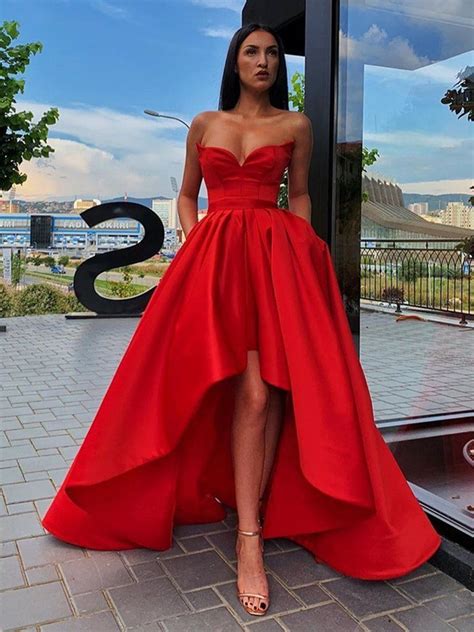Strapless Sweetheart Neck High Low Red Long Prom Dresses High Low Red Shiny Party Red