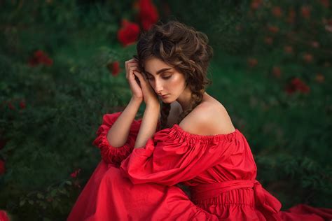 Woman Mood Red Dress Girl Brunette Model Wallpaper