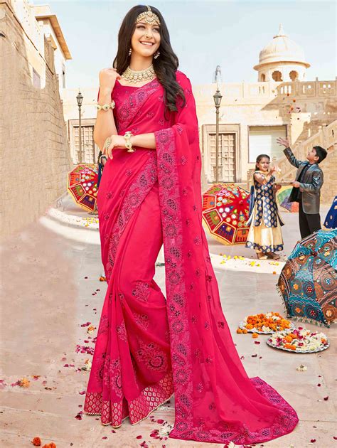 Pink Georgette All Over Floral Embroidered Designer Saree With Stone