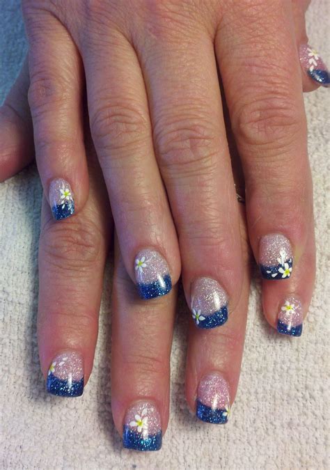 Blue Acrylic With White Flowers Blue Nail Designs Blue Nail Art