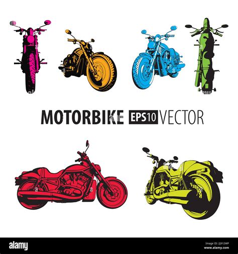 Motorbike Colorful Set Collection With Six Different Bikes On White