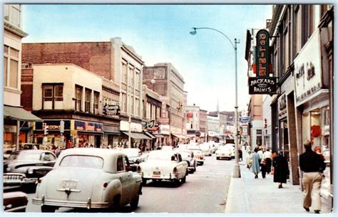 Fitchburg Massachusetts Ma Busy Main Street Scene 1950s Cars Postcard