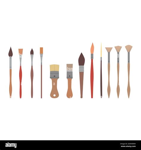Drawing Tools Set Paint Brushes In Row On White Isolated Background