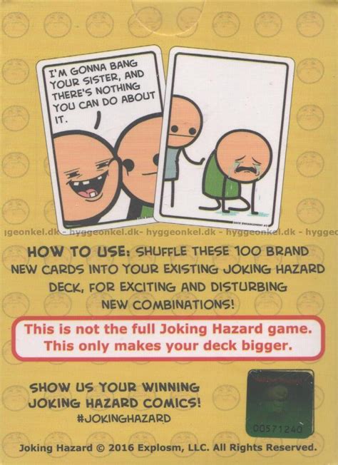 Deck enhancement #1 product features 100 brand new cards to add to joking hazard, the offensive card game from cyanide & happiness. Köp Joking Hazard: Deck Enhancement #2 billigt ←