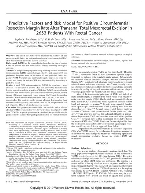 Pdf Predictive Factors And Risk Model For Positive Circumferential Resection Margin Rate After
