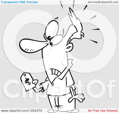 Clipart Of A Black And White Cartoon Man With Sticker Shock Holding A