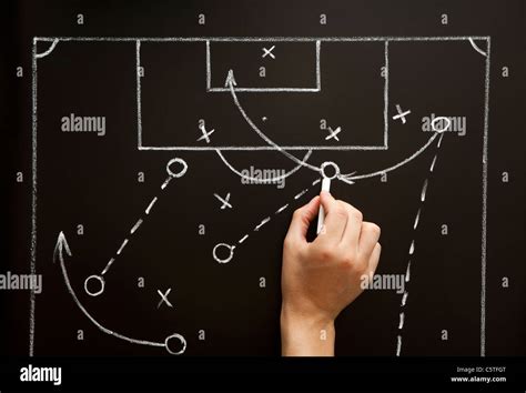 Man Drawing A Soccer Game Strategy With White Chalk On A Blackboard
