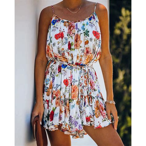 sexy floral print spaghetti straps backless lace up ruffle summer mini dress n21182