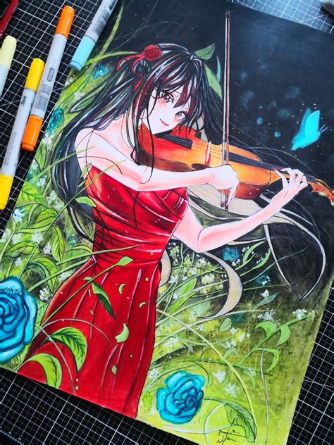 Anime Girl Playing Violin In Red Dress Etsy