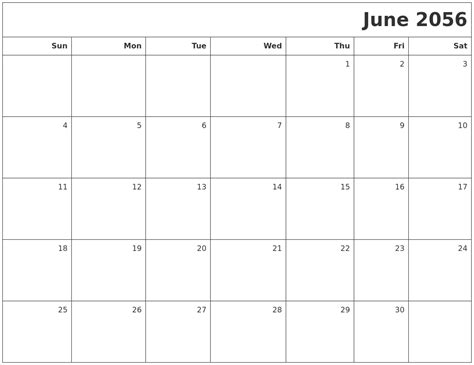 June 2056 Printable Blank Calendar