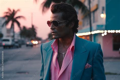 Retro Wave Vice Miami Fashioned Man In Sunglasses Sunset Scene In