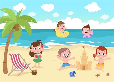 Premium Vector Children Playing On The Beach Illustration