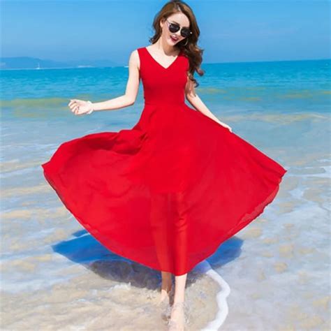 Buy Women Summer Beach Dresses Long Red Chiffon Dress