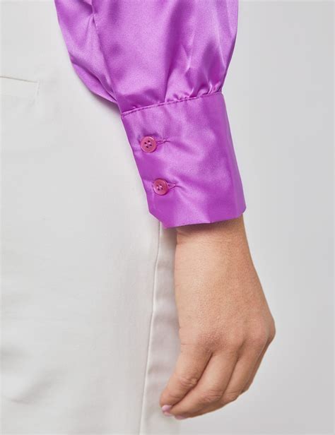 plain satin women s fitted blouse with single cuff and pussy bow in bright purple hawes and curtis