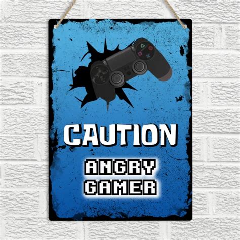 Caution Angry Gamer Metal Wall Sign Plaque Playstation 4 Ps4 Gaming
