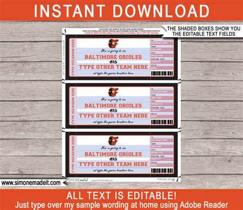 Baltimore Orioles Game Ticket T Voucher Printable Surprise
