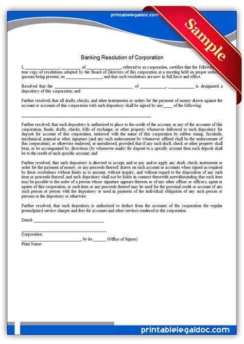 Free Printable Banking Resolution Of Corporation Form