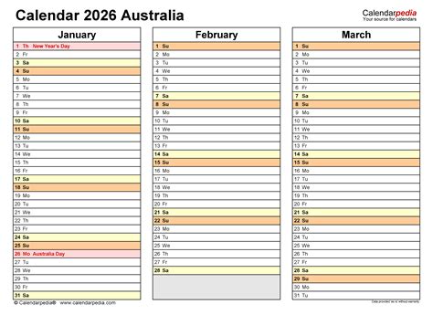 Australia Calendar 2026 Free Printable Excel Templates