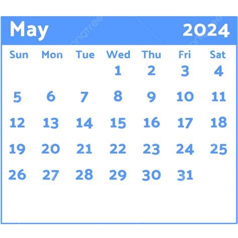 2024 Kalender Bulanan Biru Mei Vektor 2024 Kalender Mungkin Png Dan