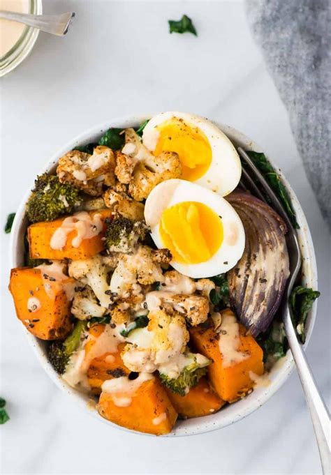 easy and healthy whole30 vegetarian power bowl low carb packed with roasted veggies… high