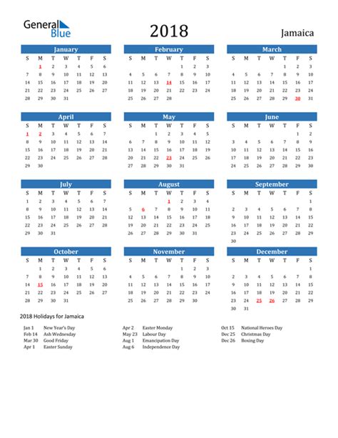 2018 Calendar Jamaica With Holidays