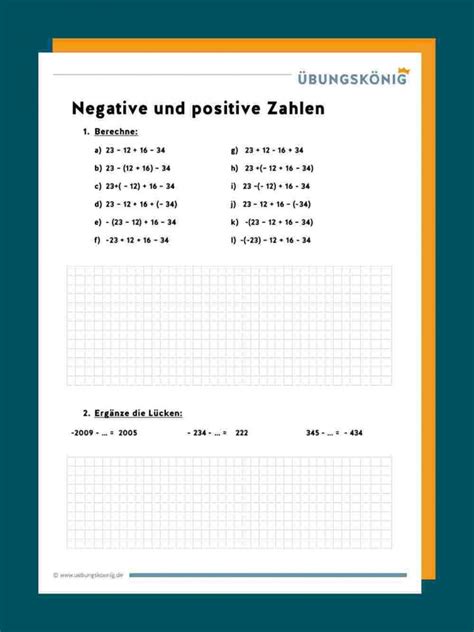 Positive Und Negative Ganze Zahlen Verwandt Mit Bungsbl Tter Mathe