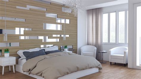 Modern Contemporary Master Bedroom With Wood And Mirror Accent Wall