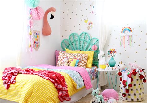 Make a pass at addyson sled end table with storage, christophe upholstered panel headboard, and wicker basket. Kids Bedroom Ideas // Rainbow Retreat - four cheeky monkeys