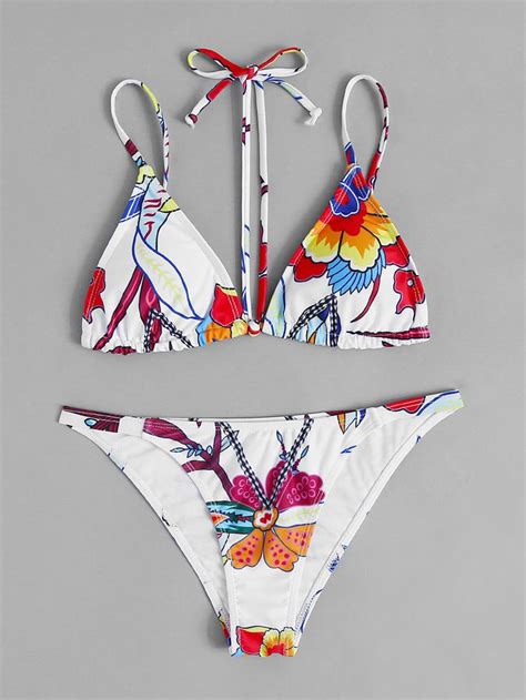 Flower Print Halter Strap Triangle Bikini Set Sheinsheinside