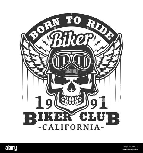 Biker Club Badge Of Skull In Motorcyclist Glasses And Helmet With Wings