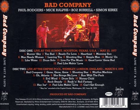 Carátula Trasera De Bad Company Live 1977 And 1979 Portada