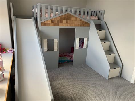 Youth loft bed with slide video. I just finished building my daughter this loft bed/playhouse/slide. : woodworking