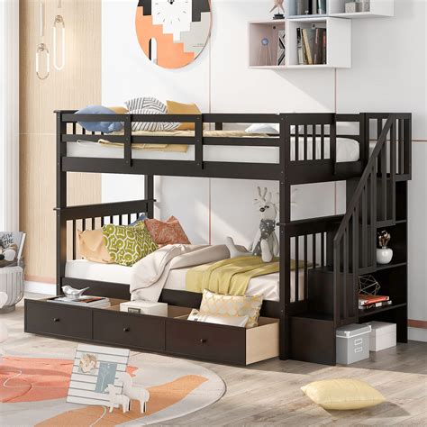 Buy Merax Stairway Twin Over Twin Wood Bunk Bed With Three Drawers And 4 Storage Staircase