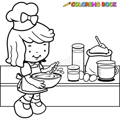 Set of cartoon cooks, chefs: Little Girl Cooking Coloring Page Stock Vector ...