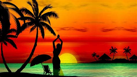 Tropical Background With Beach Ocean Palm Trees And Sun Lounger Beach