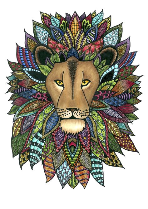Zentangle Lion In Colors Lion Art Zentangle Art Mandela Drawing