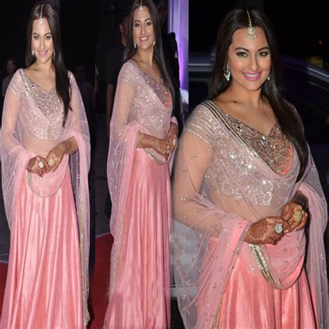 Bollywood Actress Saree Collections Sonakshi Sinha New Look In Pink Embroidery Lehenga Choli