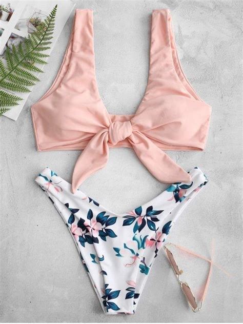 Zaful Plant Print Tie Front Bikini Set Trajes De Bikini Trajes De
