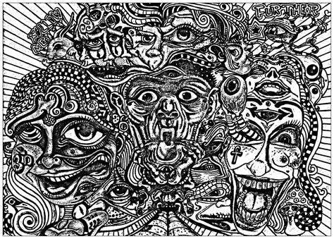 The psychedelic movement emerged in the mid 60's, in parallel to the hippie movement. Psychedelic faces - Psychedelic Adult Coloring Pages