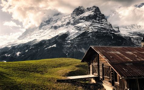 배경 화면 경치 숲 언덕 자연 잔디 하늘 구름 눈 덮인 피크 선실 스위스 황야 알프스 산맥 고원
