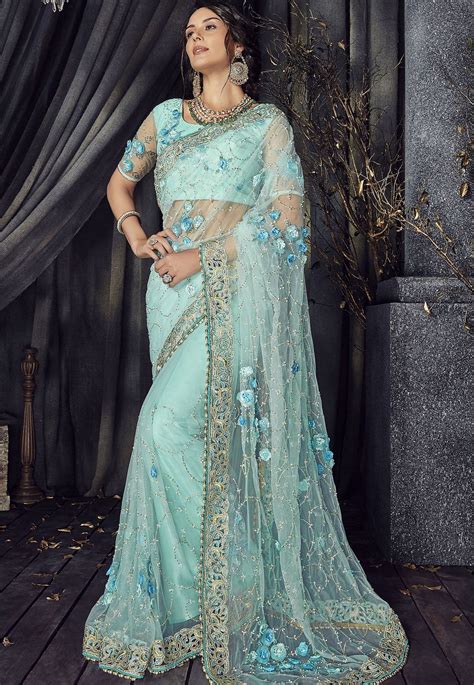 buy sky blue color net designer party wear saree in uk usa and canada party wear sarees