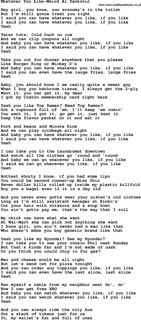 Novelty Song Whatever You Like Weird Al Yankovic Lyrics