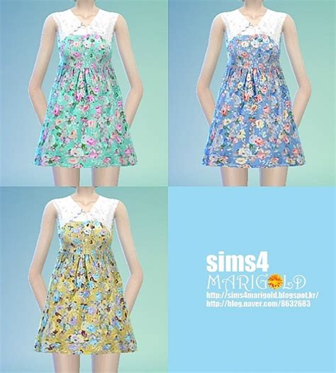 Big Collar Flower Onepiece Dress At Marigold Sims 4 Updates