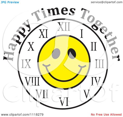 Cartoon Of A Smiley Face Clock With Happy Times Together Text Royalty