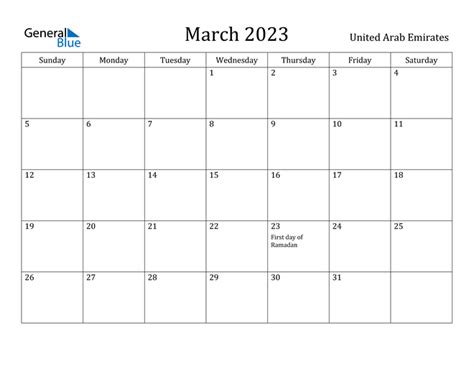March 2023 Calendar With United Arab Emirates Holidays