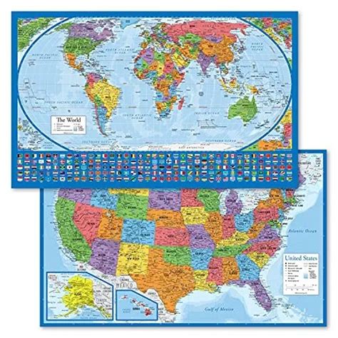 2 Pack Laminated World Map Poster And Usa Map Set 18” X 29” Laminated